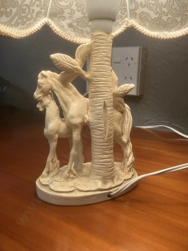 Vintage Marble Art (NZ) Table Lamp - G. Ruggeri Base Figural Mare & Foal Under, Resin With Fabric Shade. 43cm Image 1++