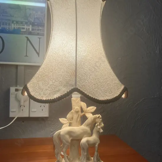 Vintage Marble Art (NZ) Table Lamp - G. Ruggeri Base Figural Mare & Foal Under, Resin With Fabric Shade. 43cm
