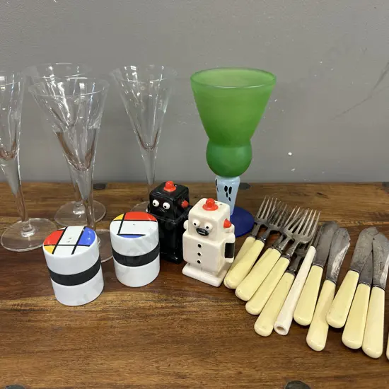 Kosta Boda Vase, Glasses, Fish Cutlery Set Etc
