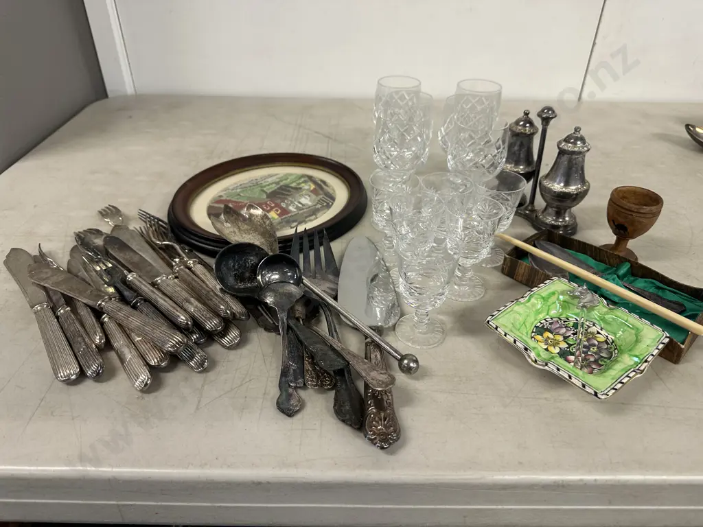 Assorted Crystal, China & China Items Etc Including Fish Cutlery, Sherry Glasses, Maling Ashtray Image 1++