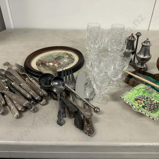 Assorted Crystal, China & China Items Etc Including Fish Cutlery, Sherry Glasses, Maling Ashtray