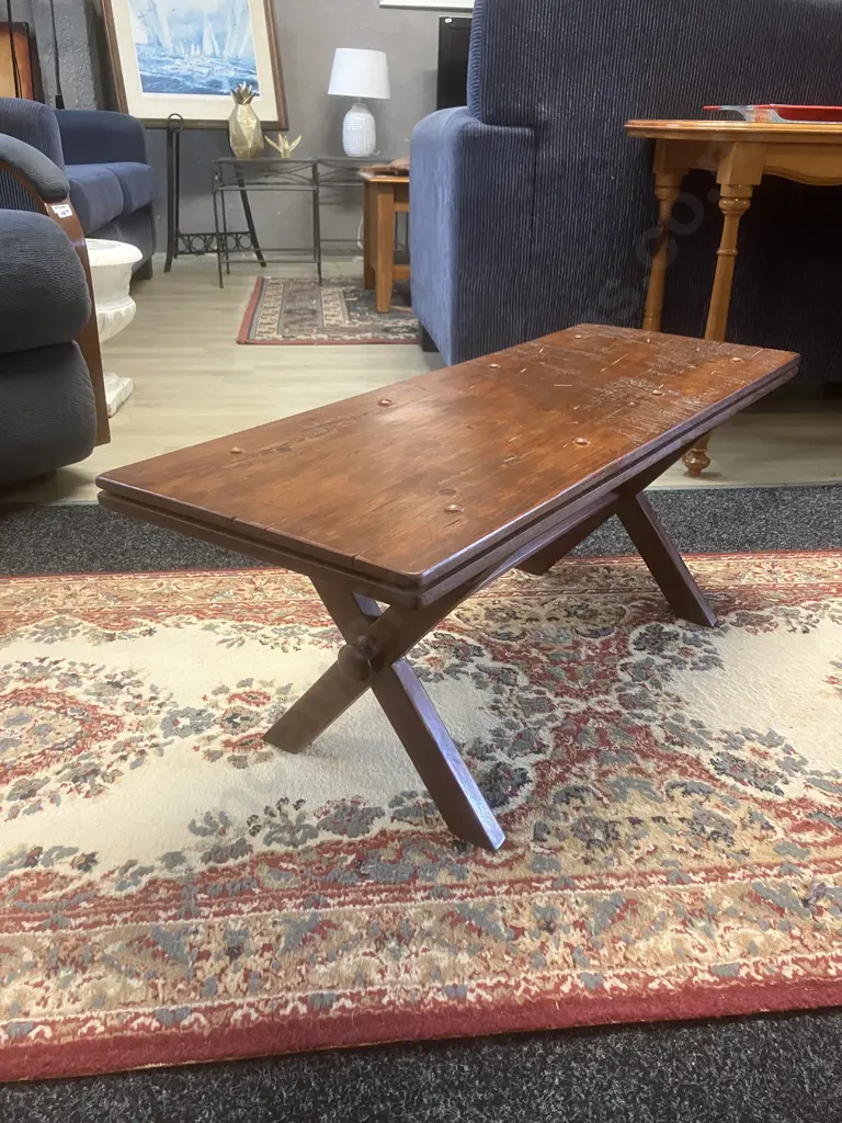 Antique Wooden Cross-Leg Bench. H33 W84 D31cm Image 1++