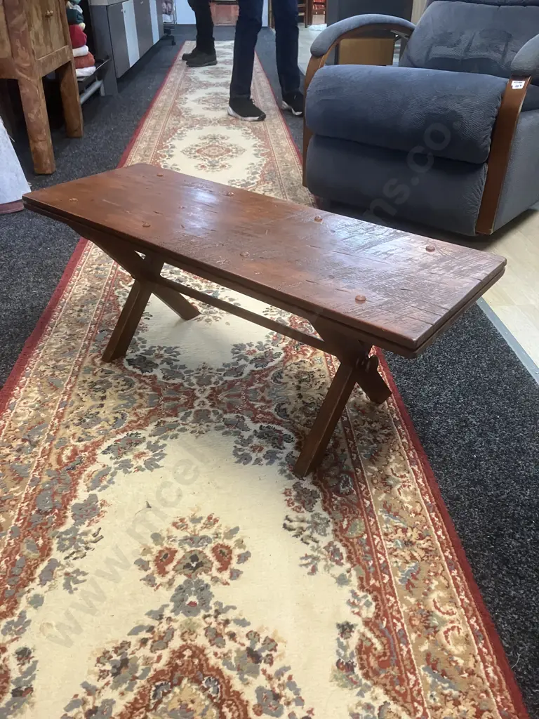 Antique Wooden Cross-Leg Bench. H33 W84 D31cm Image 1++