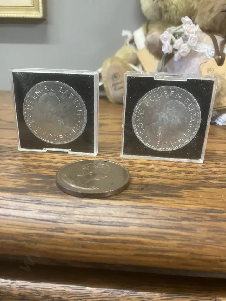 Queen Elizabeth Royal Visit 1953-54 Medal. Plastic Cased 1970 Royal Visit Mt Cook One Dollar & Pair of 1953 NZ Crowns Image 1++