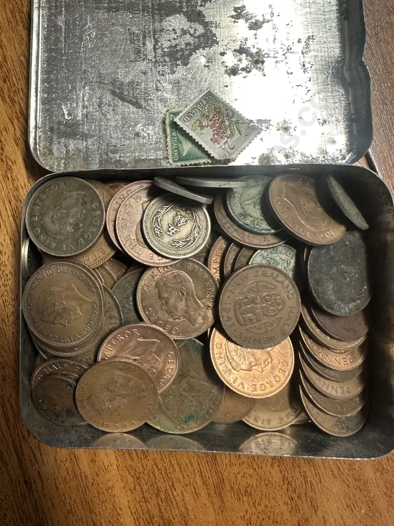 Collection Of Coins In Vintage Desert Tobacco Tin Image 1++