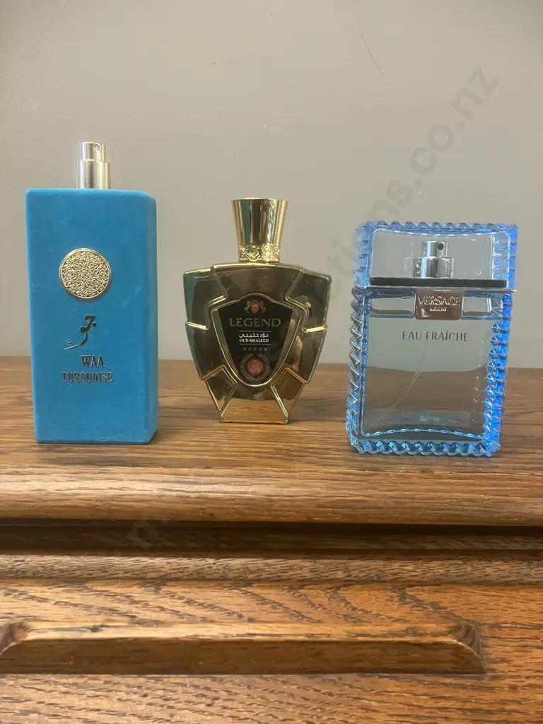NUSUK WAA Turquoise EDP Spray, Versace Man Eau Fraiche EDT 100ml & Oud Khaleeji Legend EDP - Part Bottles Image 1++