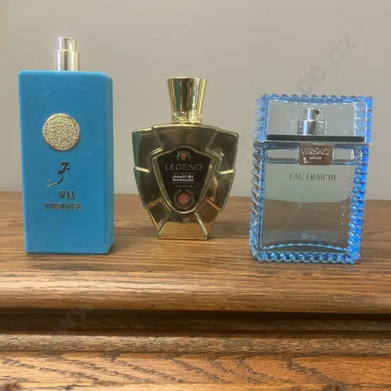 NUSUK WAA Turquoise EDP Spray, Versace Man Eau Fraiche EDT 100ml & Oud Khaleeji Legend EDP - Part Bottles