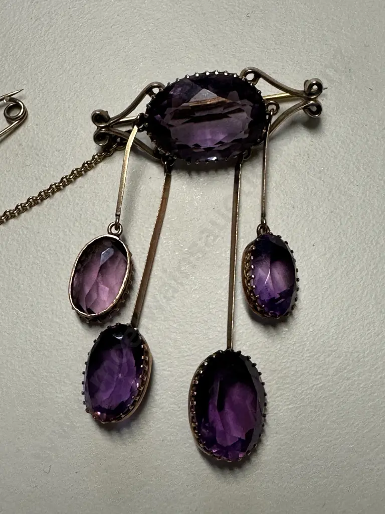 Antique Victorian 9ct Amethyst Brooch Suspended Dropper Bars & Safety Chain Image 1++