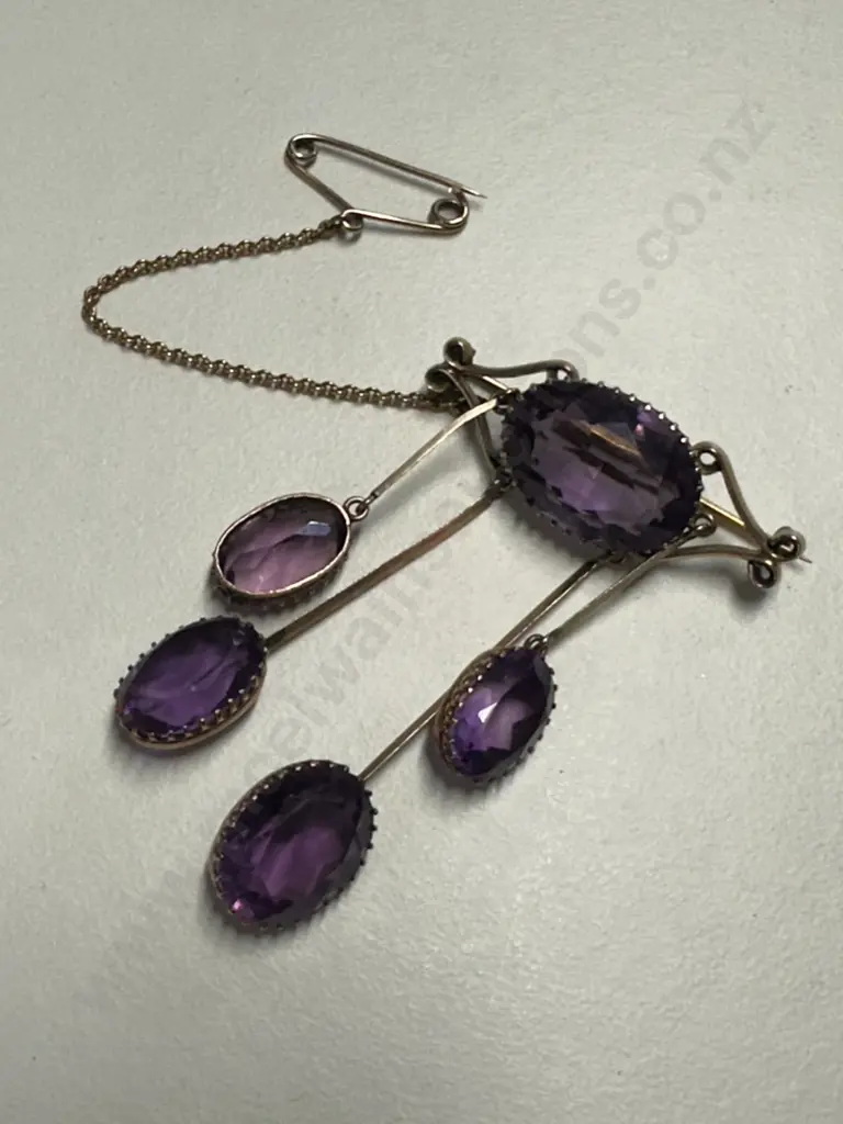Antique Victorian 9ct Amethyst Brooch Suspended Dropper Bars & Safety Chain Image 1++
