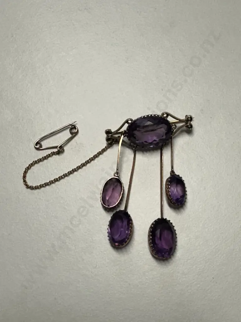 Antique Victorian 9ct Amethyst Brooch Suspended Dropper Bars & Safety Chain Image 1++