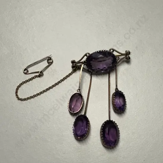 Antique Victorian 9ct Amethyst Brooch Suspended Dropper Bars & Safety Chain