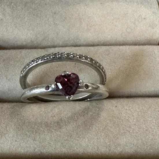 Pandora Sterling Silver 925 Heart Shaped Red Stone Ring And Band