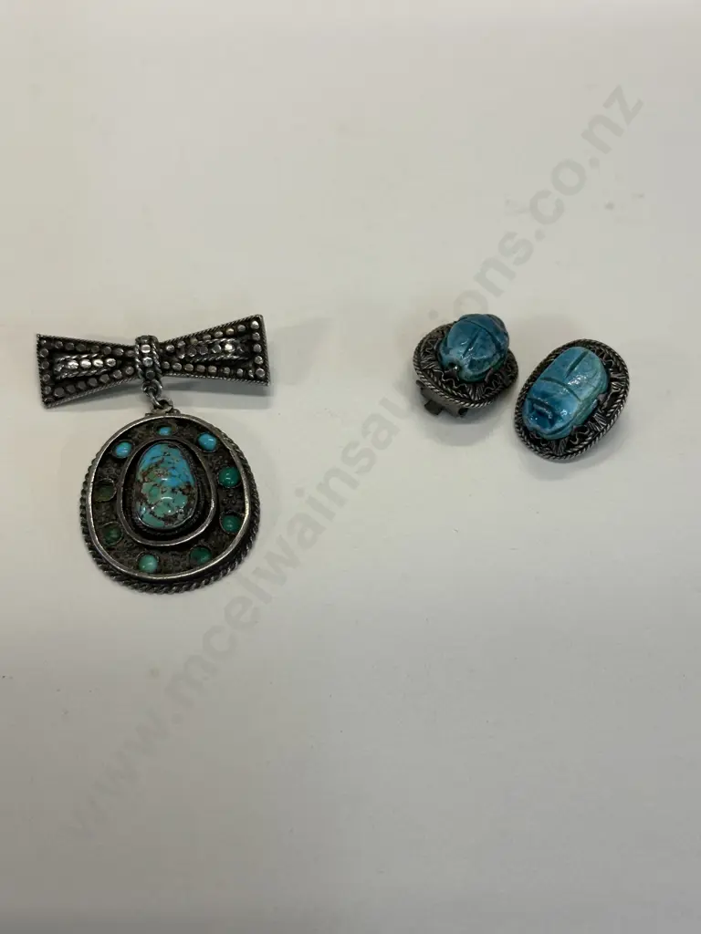 Vintage Sterling Silver Brooch Turquoise Colour & Pair Of Earings Image 1++