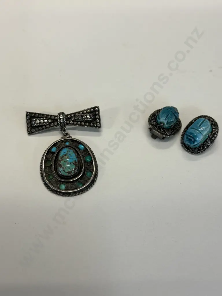 Vintage Sterling Silver Brooch Turquoise Colour & Pair Of Earings Image 1++
