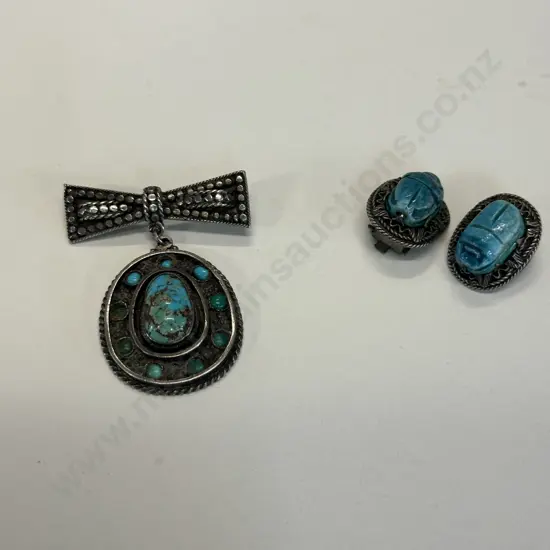 Vintage Sterling Silver Brooch Turquoise Colour & Pair Of Earings