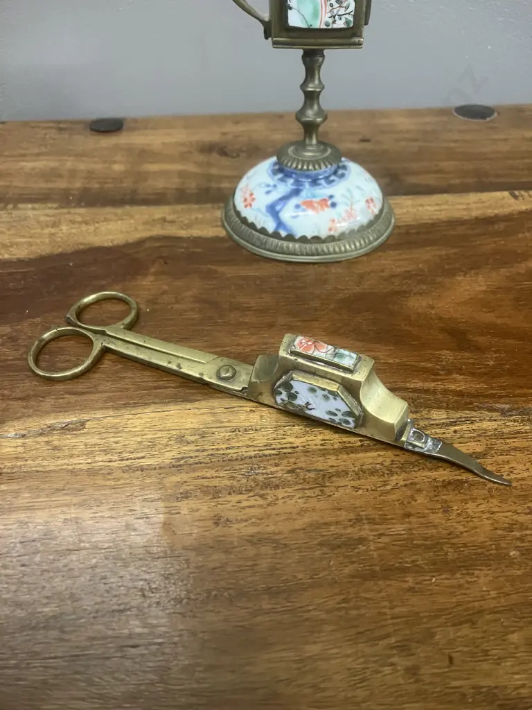 Vintage Brass & Porcelain Scissor Candle-Snuffer Trimmer Set & Stand Image 1++