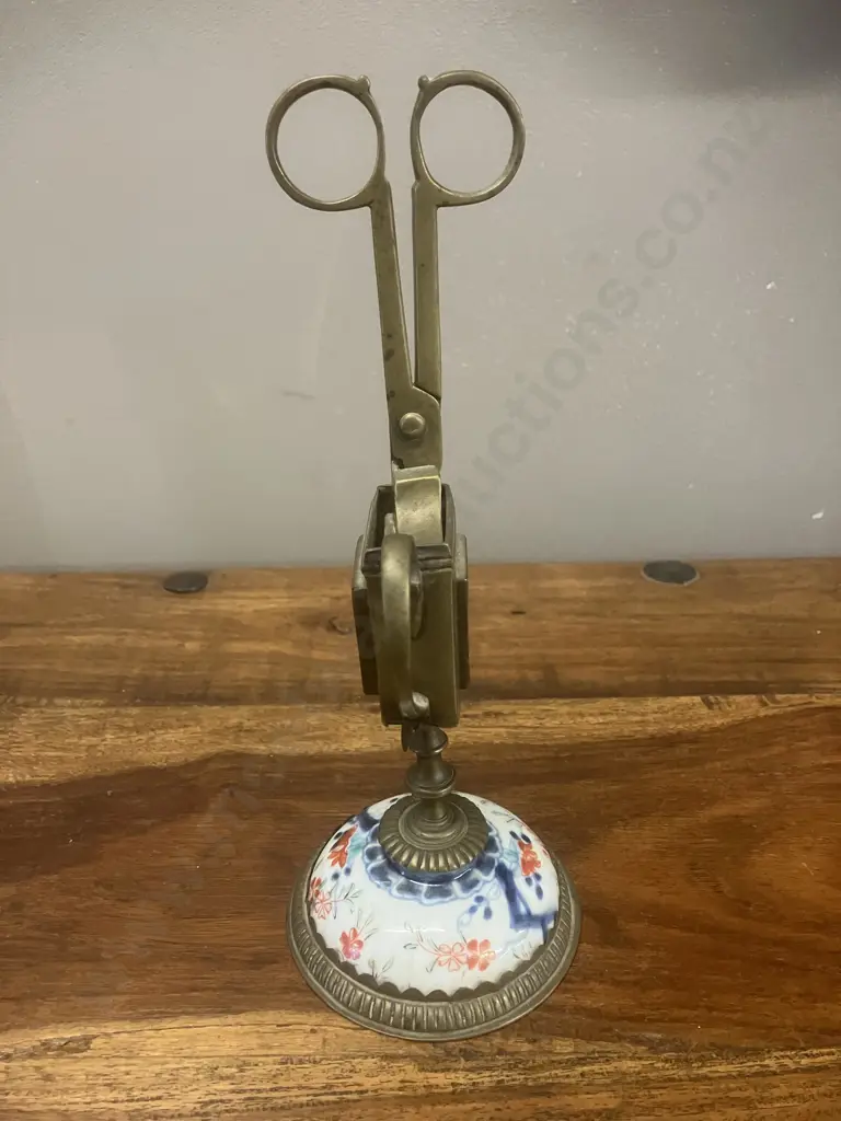 Vintage Brass & Porcelain Scissor Candle-Snuffer Trimmer Set & Stand Image 1++