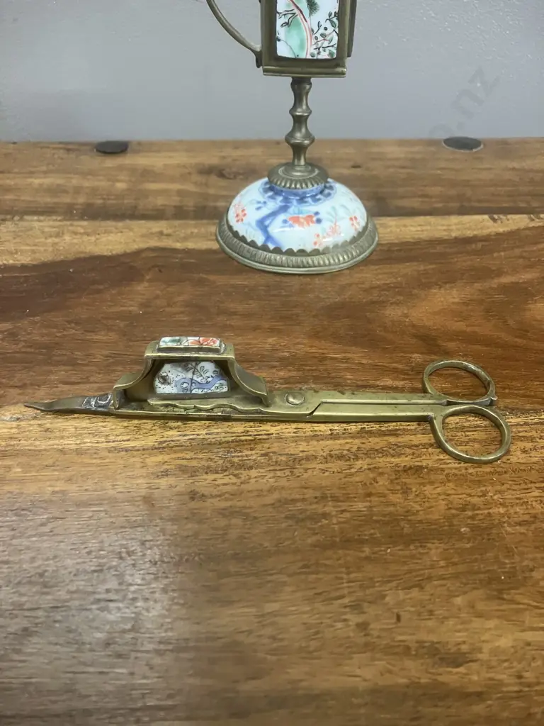 Vintage Brass & Porcelain Scissor Candle-Snuffer Trimmer Set & Stand Image 1++