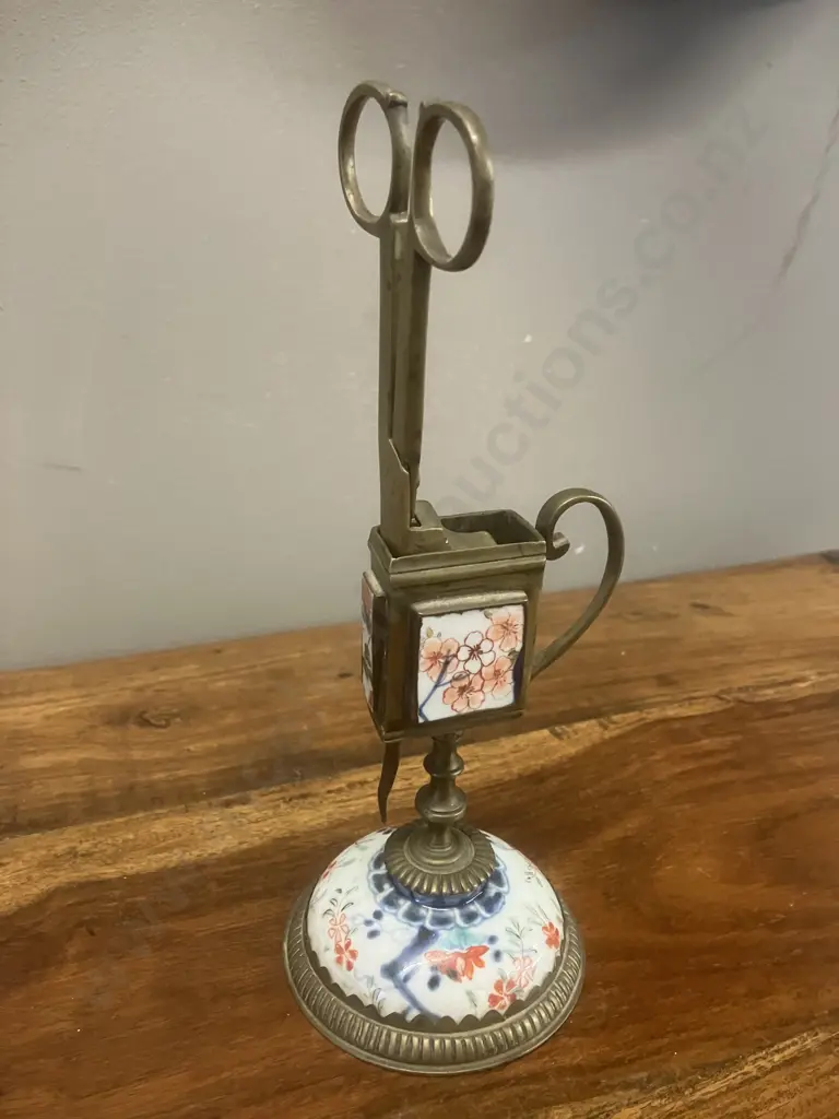 Vintage Brass & Porcelain Scissor Candle-Snuffer Trimmer Set & Stand Image 1++