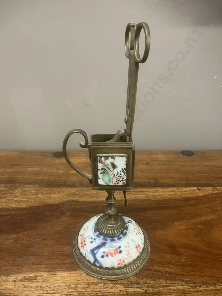 Vintage Brass & Porcelain Scissor Candle-Snuffer Trimmer Set & Stand Image 1++