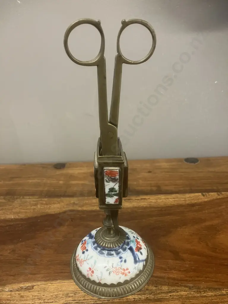 Vintage Brass & Porcelain Scissor Candle-Snuffer Trimmer Set & Stand Image 1++