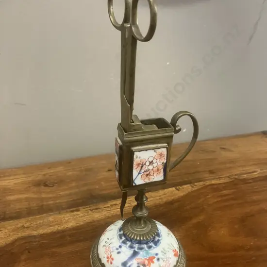 Vintage Brass & Porcelain Scissor Candle-Snuffer Trimmer Set & Stand