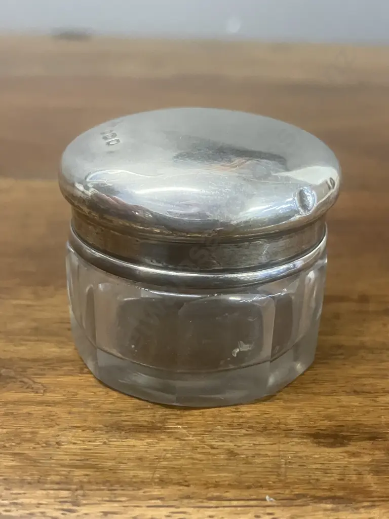 Antique George V Sterling Silver-Lidded Cut Glass Trinket Jar by J H Worrall, Son & Co Ltd, London Hallmarked 1916 Image 1++