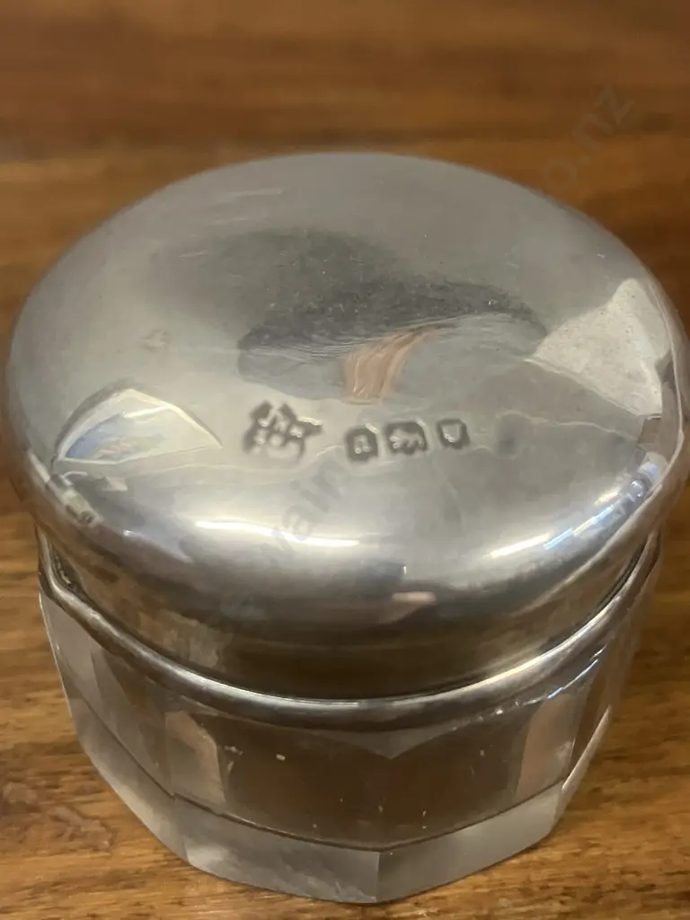 Antique George V Sterling Silver-Lidded Cut Glass Trinket Jar by J H Worrall, Son & Co Ltd, London Hallmarked 1916 Image 1++