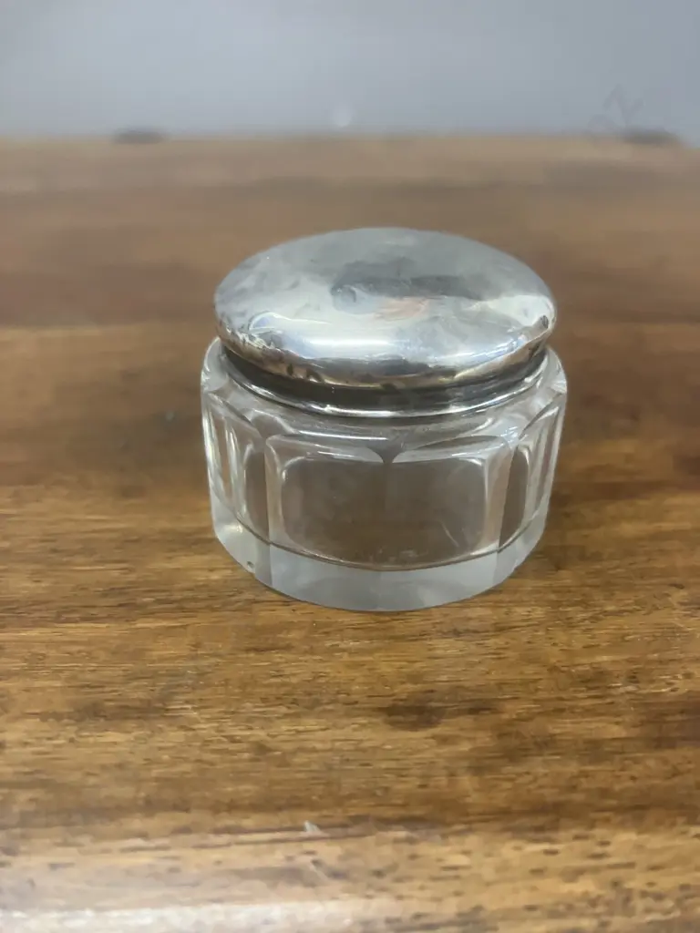 Antique George V Sterling Silver-Lidded Cut Glass Trinket Jar, Birmingham Hallmarked 1912 Image 1++