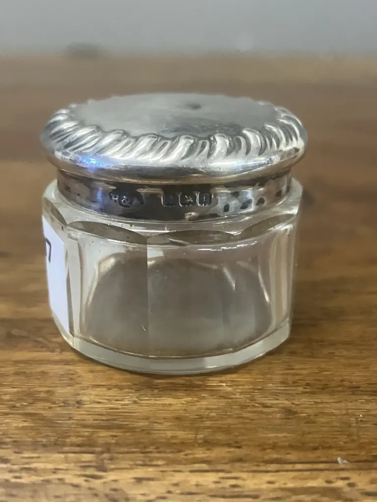 Antique George V Sterling Silver-Lidded Cut Glass Trinket Jar, Hallmarked Birmingham 1918 Image 1++