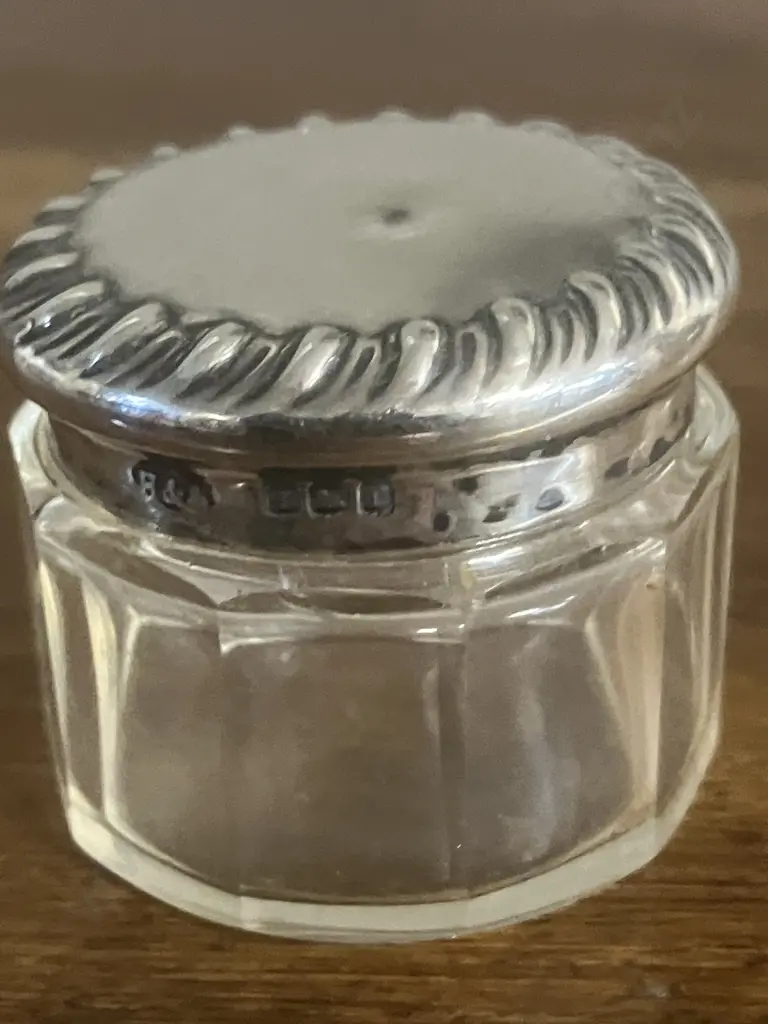 Antique George V Sterling Silver-Lidded Cut Glass Trinket Jar, Hallmarked Birmingham 1918 Image 1++