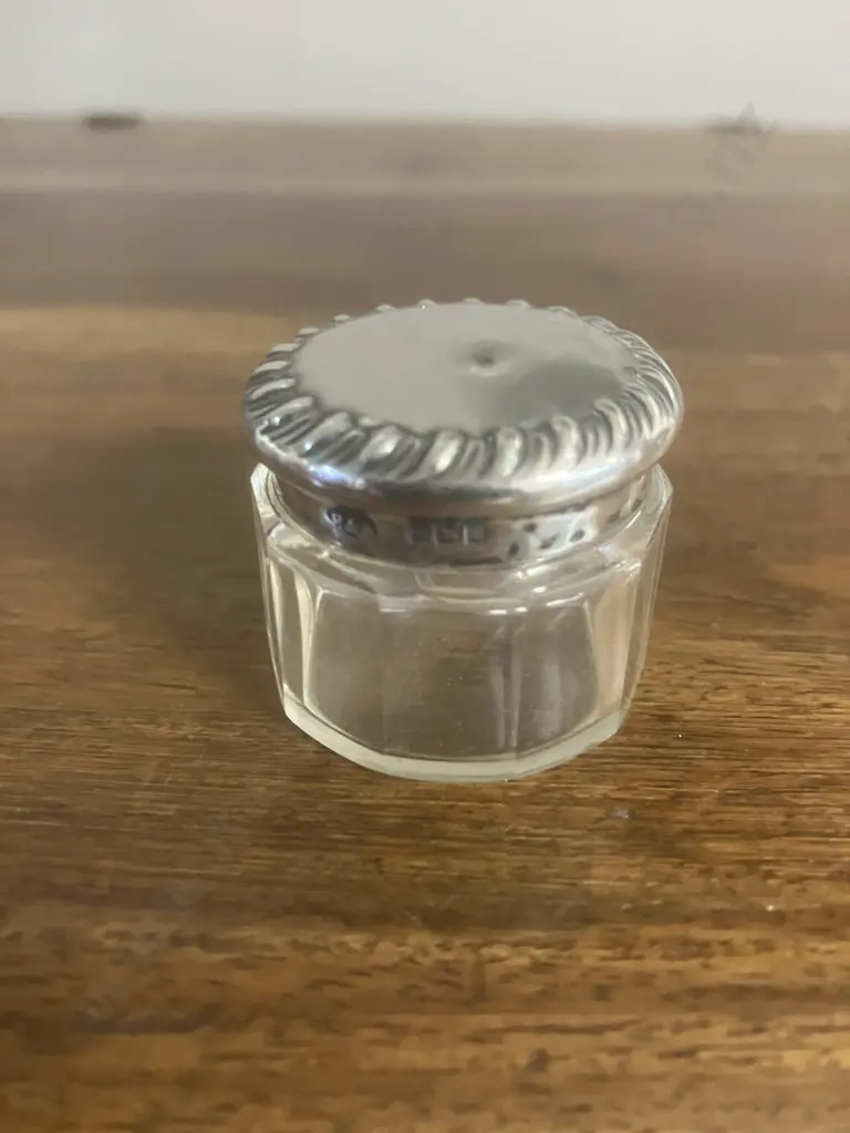 Antique George V Sterling Silver-Lidded Cut Glass Trinket Jar, Hallmarked Birmingham 1918 Image 1++
