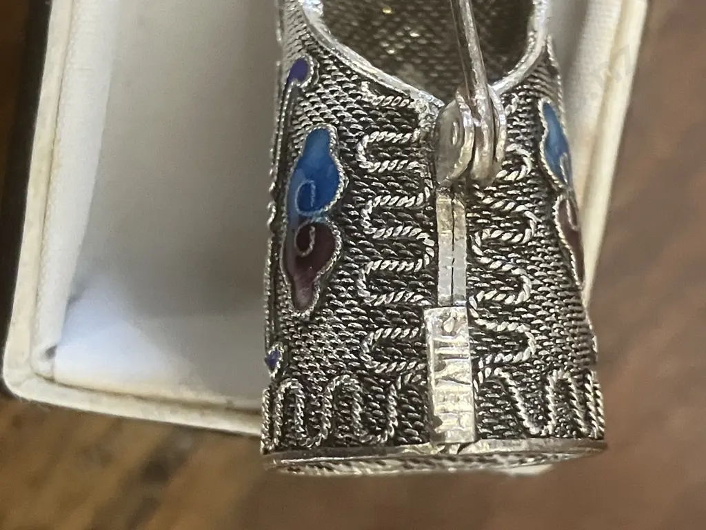 Antique 1900s Chinese Fingernail Guard, Silver Filigree Pin Brooch, Enamel, Turquoise & Coral, Cloisonne, Boxed Image 1++