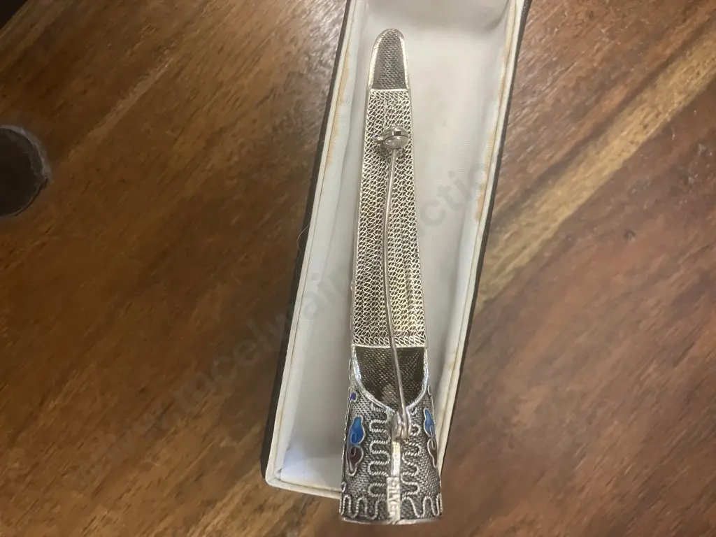 Antique 1900s Chinese Fingernail Guard, Silver Filigree Pin Brooch, Enamel, Turquoise & Coral, Cloisonne, Boxed Image 1++