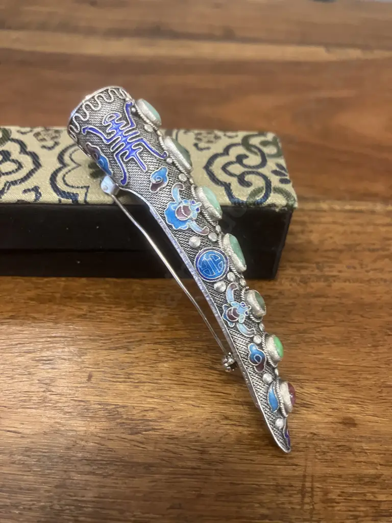Antique 1900s Chinese Fingernail Guard, Silver Filigree Pin Brooch, Enamel, Turquoise & Coral, Cloisonne, Boxed Image 1++