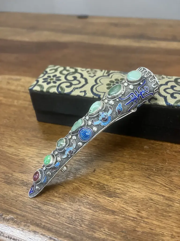 Antique 1900s Chinese Fingernail Guard, Silver Filigree Pin Brooch, Enamel, Turquoise & Coral, Cloisonne, Boxed Image 1++