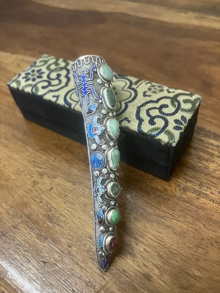 Antique 1900s Chinese Fingernail Guard, Silver Filigree Pin Brooch, Enamel, Turquoise & Coral, Cloisonne, Boxed Image 1++