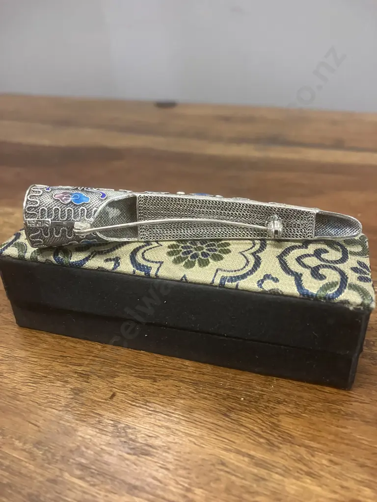 Antique 1900s Chinese Fingernail Guard, Silver Filigree Pin Brooch, Enamel, Turquoise & Coral, Cloisonne, Boxed Image 1++