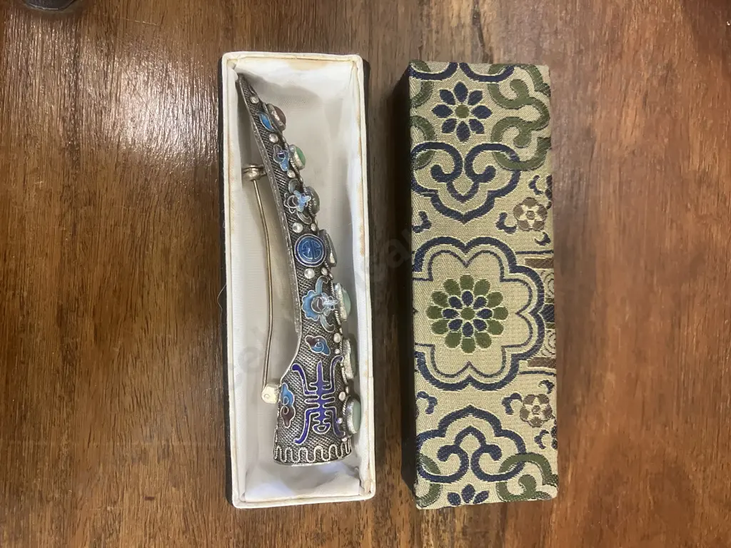 Antique 1900s Chinese Fingernail Guard, Silver Filigree Pin Brooch, Enamel, Turquoise & Coral, Cloisonne, Boxed Image 1++