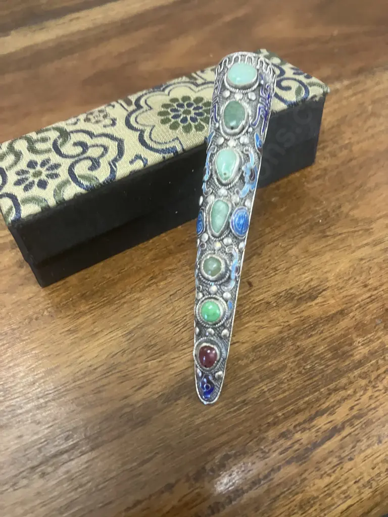 Antique 1900s Chinese Fingernail Guard, Silver Filigree Pin Brooch, Enamel, Turquoise & Coral, Cloisonne, Boxed Image 1++