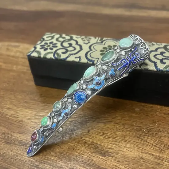 Antique 1900s Chinese Fingernail Guard, Silver Filigree Pin Brooch, Enamel, Turquoise & Coral, Cloisonne, Boxed
