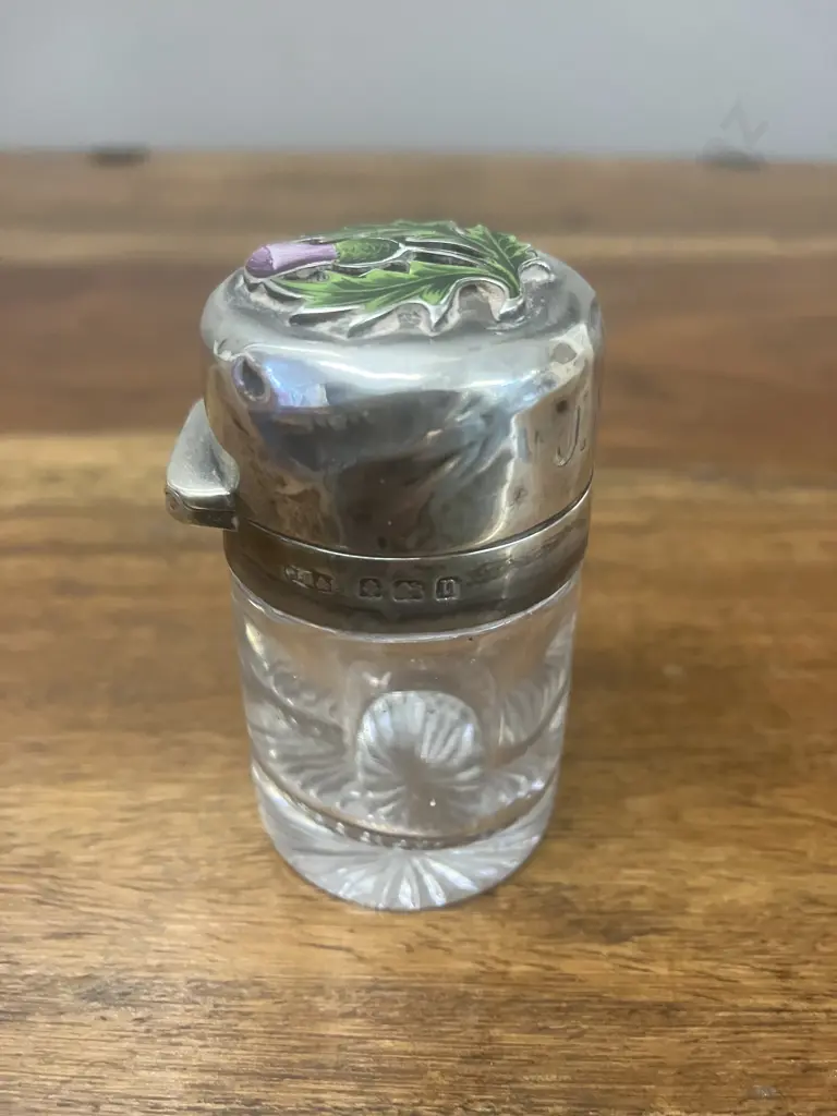 Antique George V Sterling Silver Scent Bottle, Enamel Scot's Thistle by John Grinsell & Sons Birmingham Hallmarked 1912 Image 1++