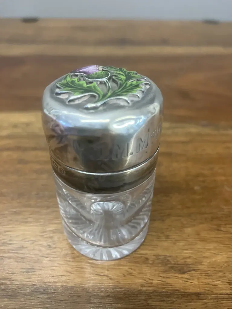 Antique George V Sterling Silver Scent Bottle, Enamel Scot's Thistle by John Grinsell & Sons Birmingham Hallmarked 1912 Image 1++