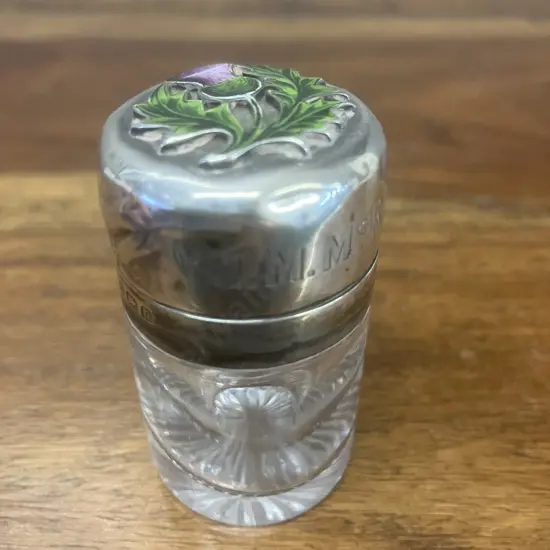 Antique George V Sterling Silver Scent Bottle, Enamel Scot's Thistle by John Grinsell & Sons Birmingham Hallmarked 1912