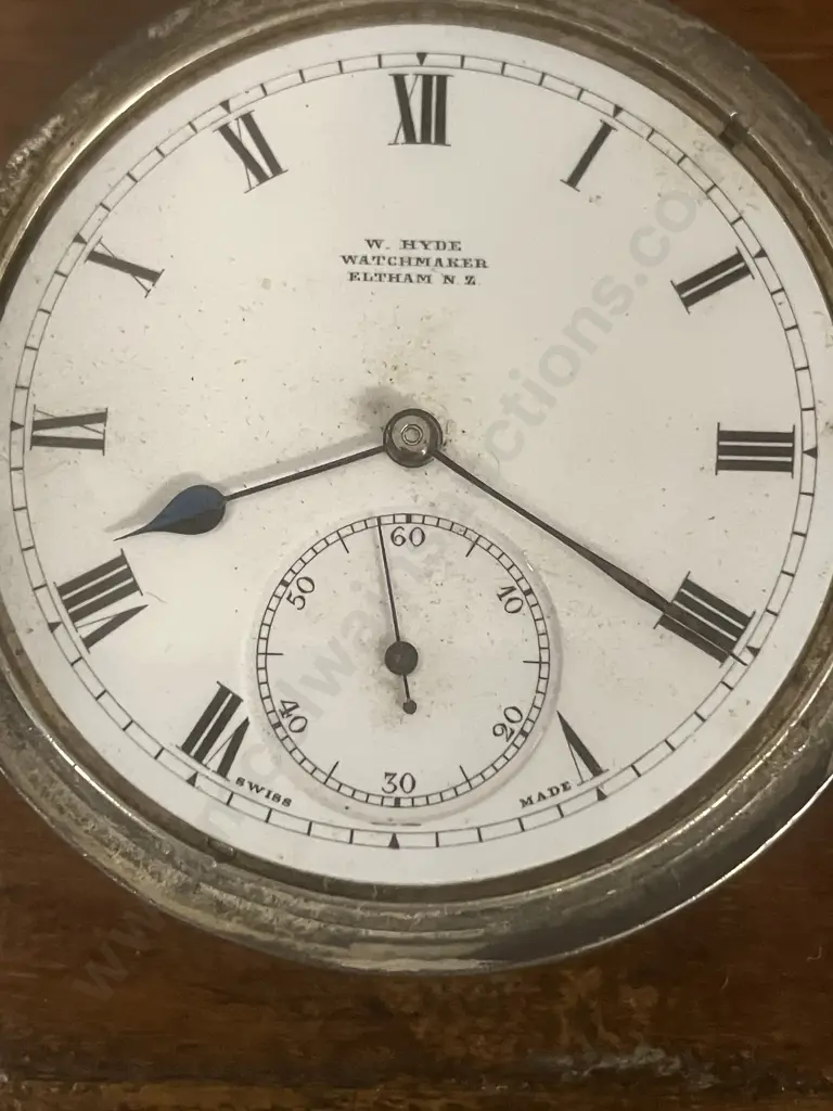 Antique Full Hunter Pocket Watch by W. Hyde Eltham NZ, Swiss Silver (0.935 With 3 Bears Hallmark) Watch Case Image 1++