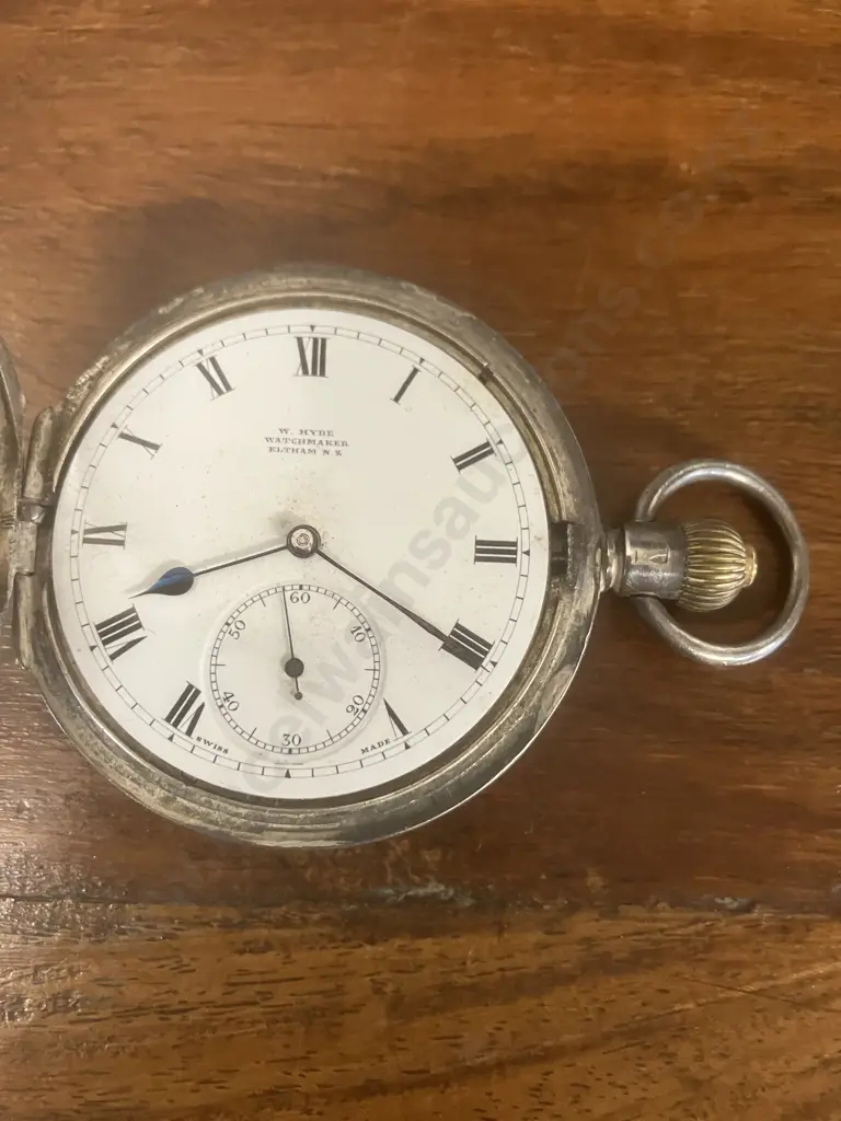 Antique Full Hunter Pocket Watch by W. Hyde Eltham NZ, Swiss Silver (0.935 With 3 Bears Hallmark) Watch Case Image 1++