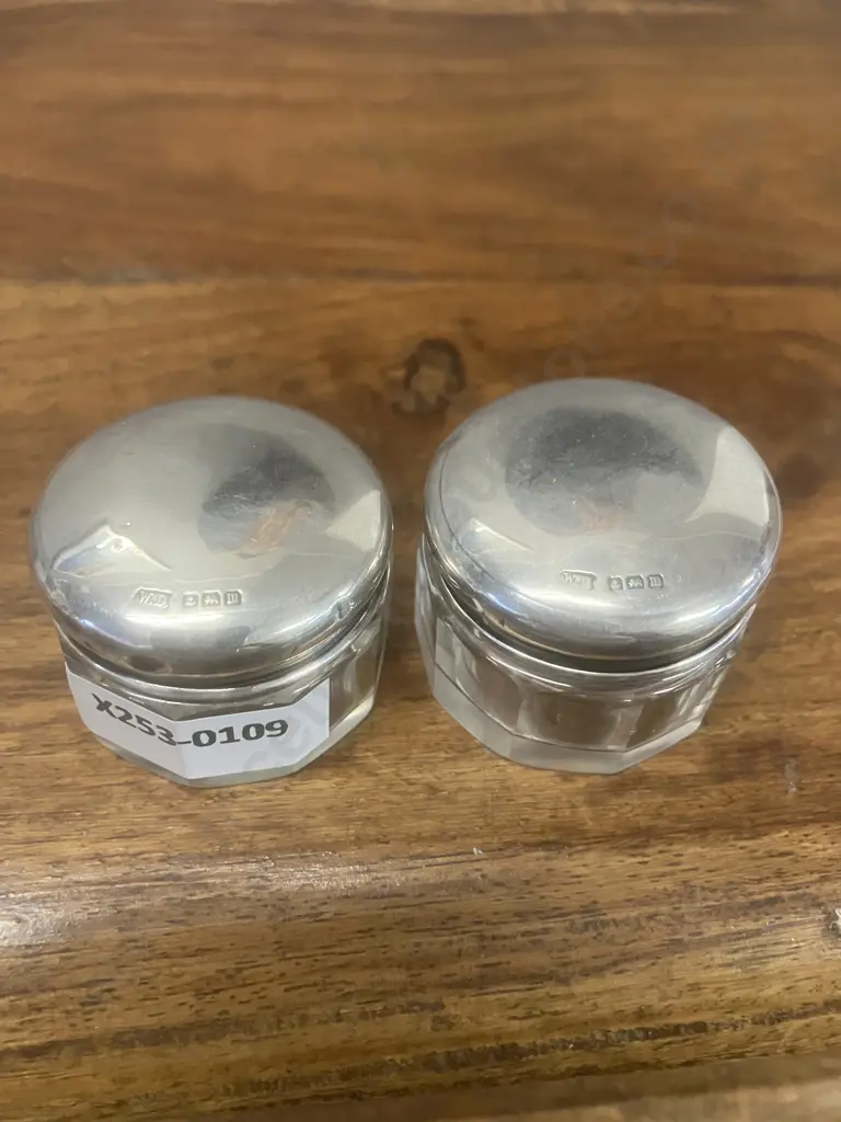 Pair of Antique George V Sterling Silver-Lidded Cut Glass Trinket Jars by William Devenport, Birmingham Hallmarked 1911 Image 1++