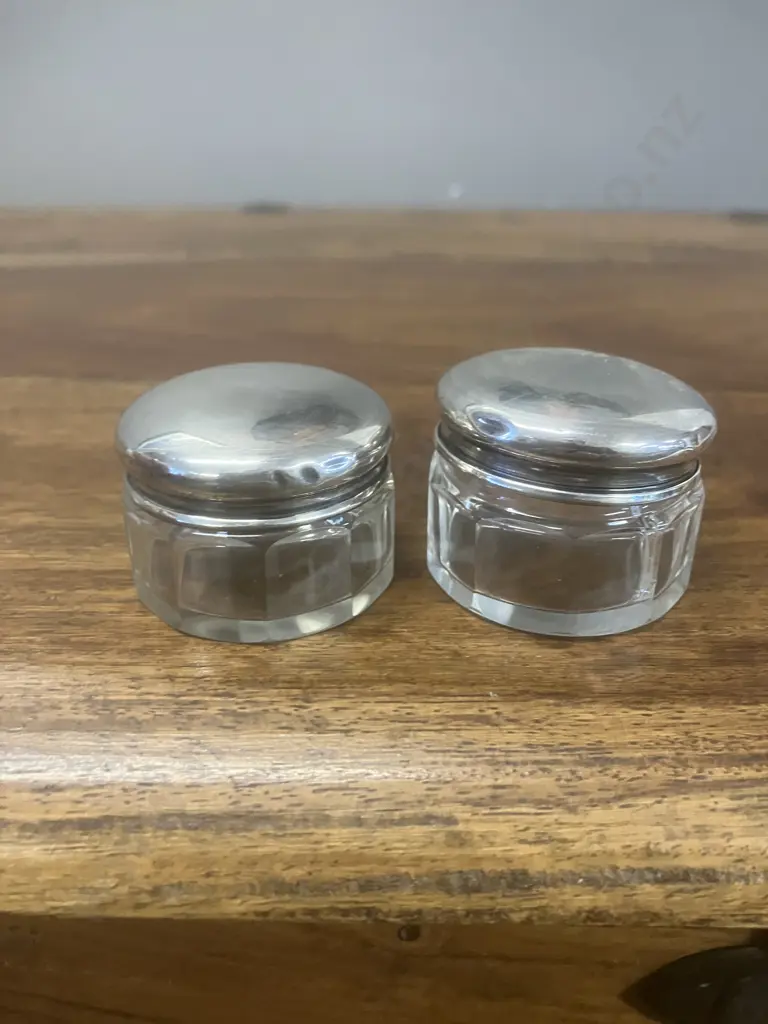 Pair of Antique George V Sterling Silver-Lidded Cut Glass Trinket Jars by William Devenport, Birmingham Hallmarked 1911 Image 1++