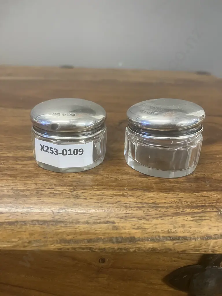 Pair of Antique George V Sterling Silver-Lidded Cut Glass Trinket Jars by William Devenport, Birmingham Hallmarked 1911 Image 1++