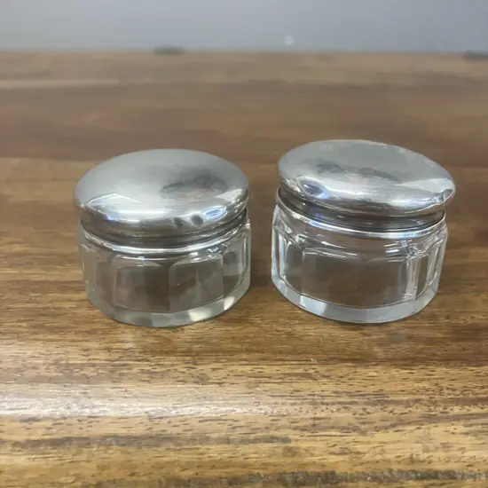 Pair of Antique George V Sterling Silver-Lidded Cut Glass Trinket Jars by William Devenport, Birmingham Hallmarked 1911